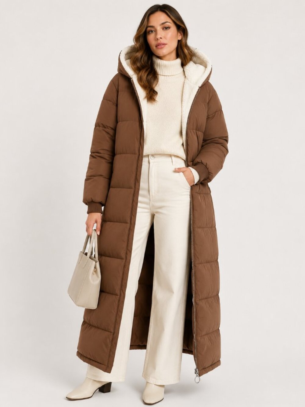 Avec Les Filles Women’s XS Truffle Sherpa Lined Hooded Maxi Puffer Coat